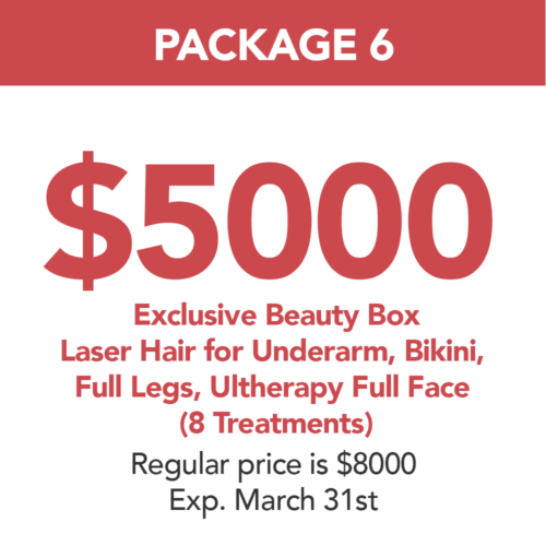 PACKAGE 6 - EXCLUSIVE BEAUTY BOX LASER HAIR FOR UNDERARM, BIKINI, FULL LEGS ( 8 TREATMENTS IN THIS PACKAGE)  ULTHERAPY FULL FACE | Skin Deep Midtown Med Spa.